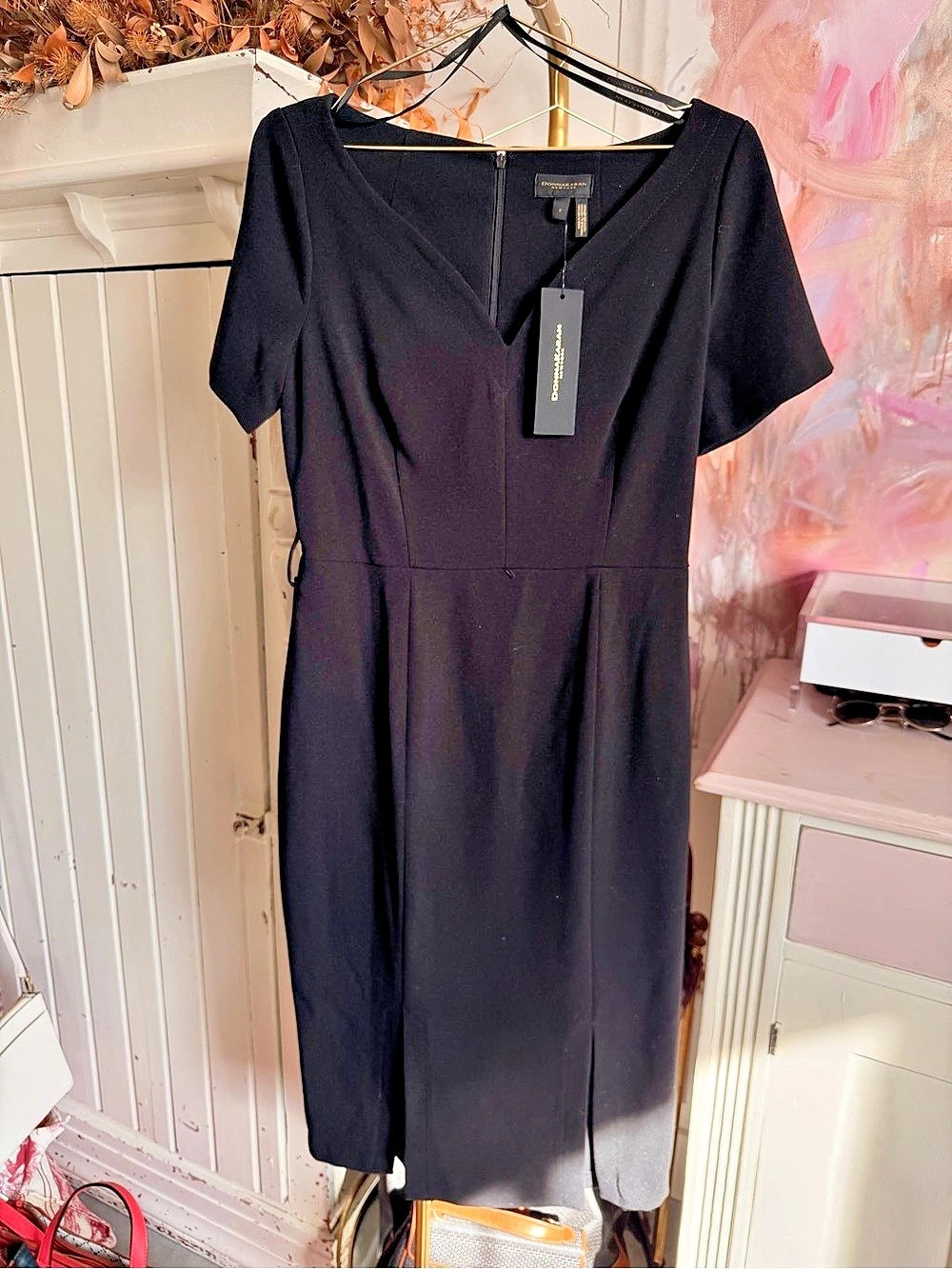 Donna Karan New York V-Neck Midi Dress in Black Size 8 NWT